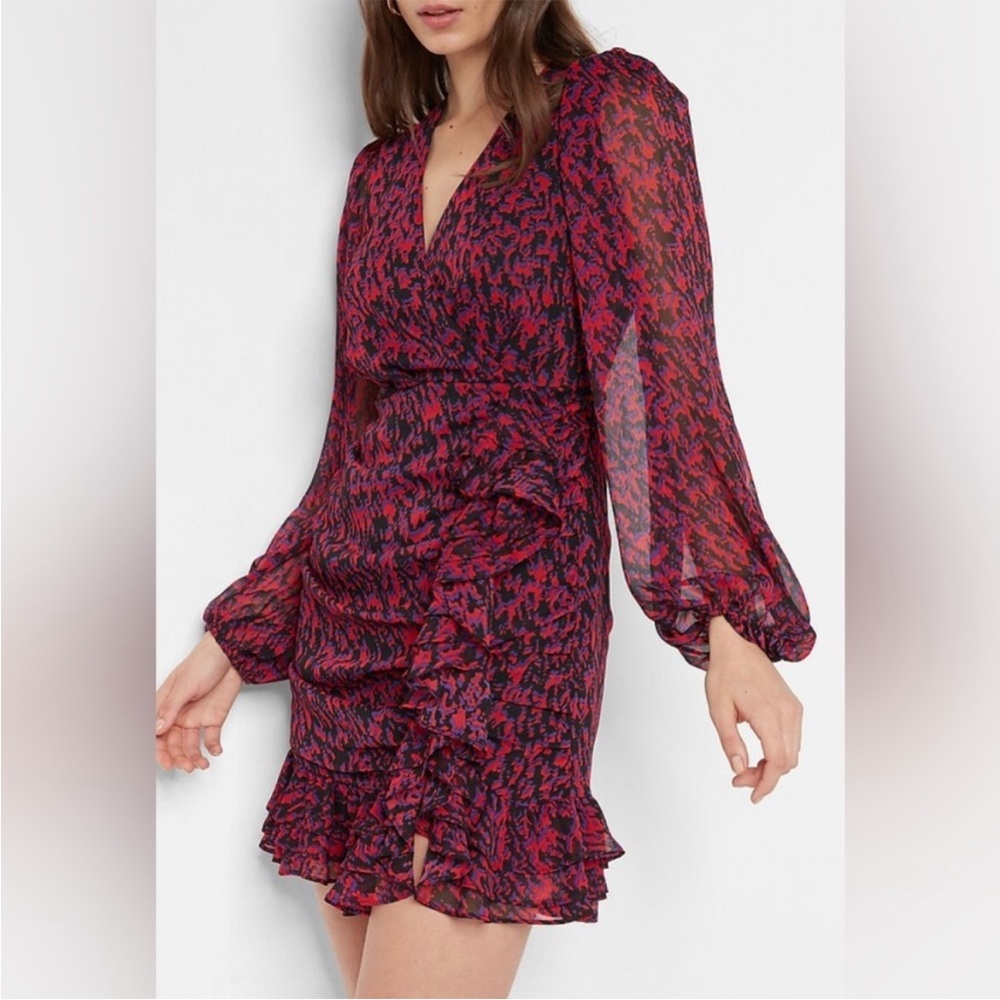 Express Abstract Print Faux Wrap Ruffle Mini Dress Size XS